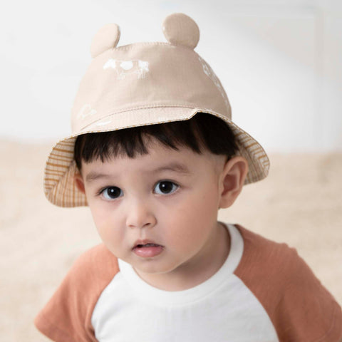 【麗嬰房】嬰兒條紋小熊雙面漁夫帽