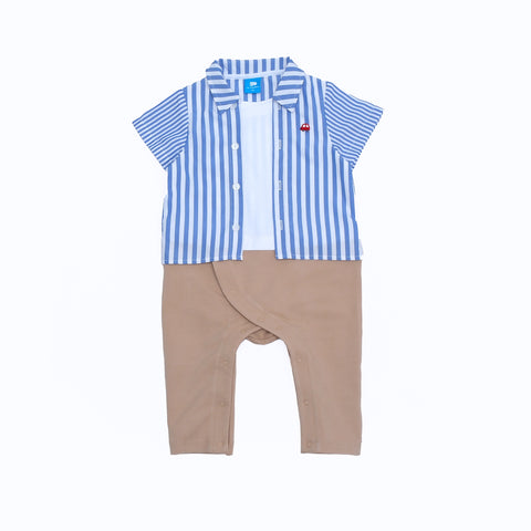 【麗嬰房】嬰童典雅象假兩件條紋襯衫遊戲褲