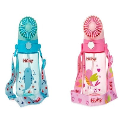【Nuby】風扇涼涼晶透杯 (細吸管) 560ML 兒童水壺+風扇 (藍/粉)